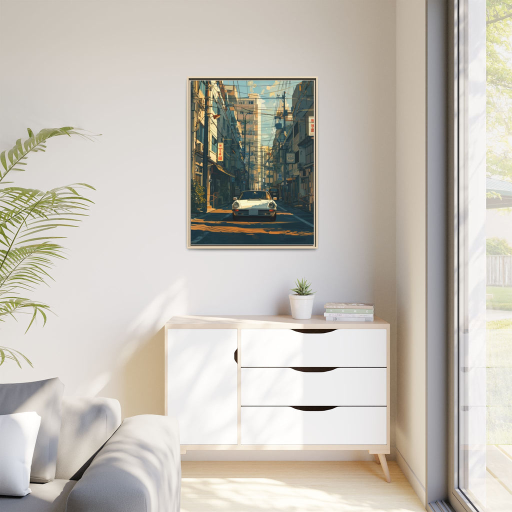 Vintage Sports Car Cityscape Framed Canvas Print