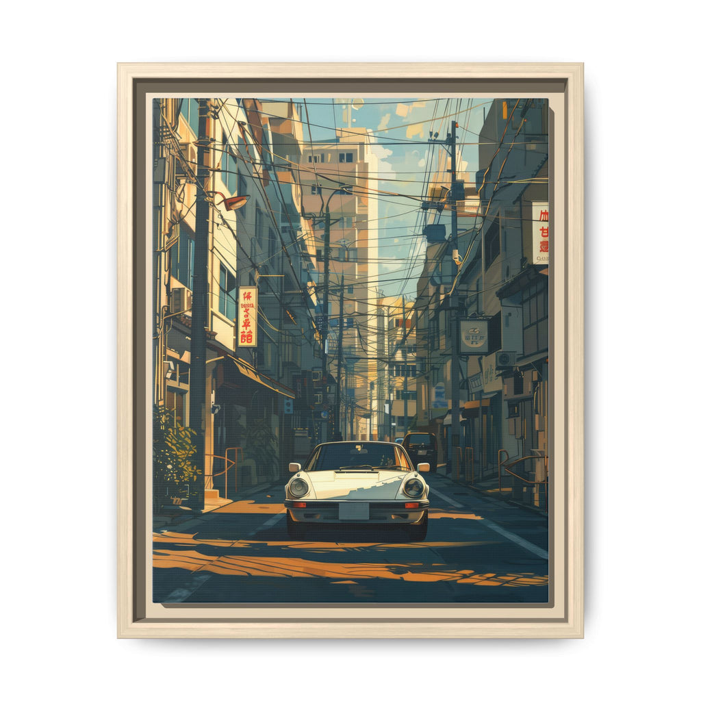 Vintage Sports Car Cityscape Framed Canvas Print
