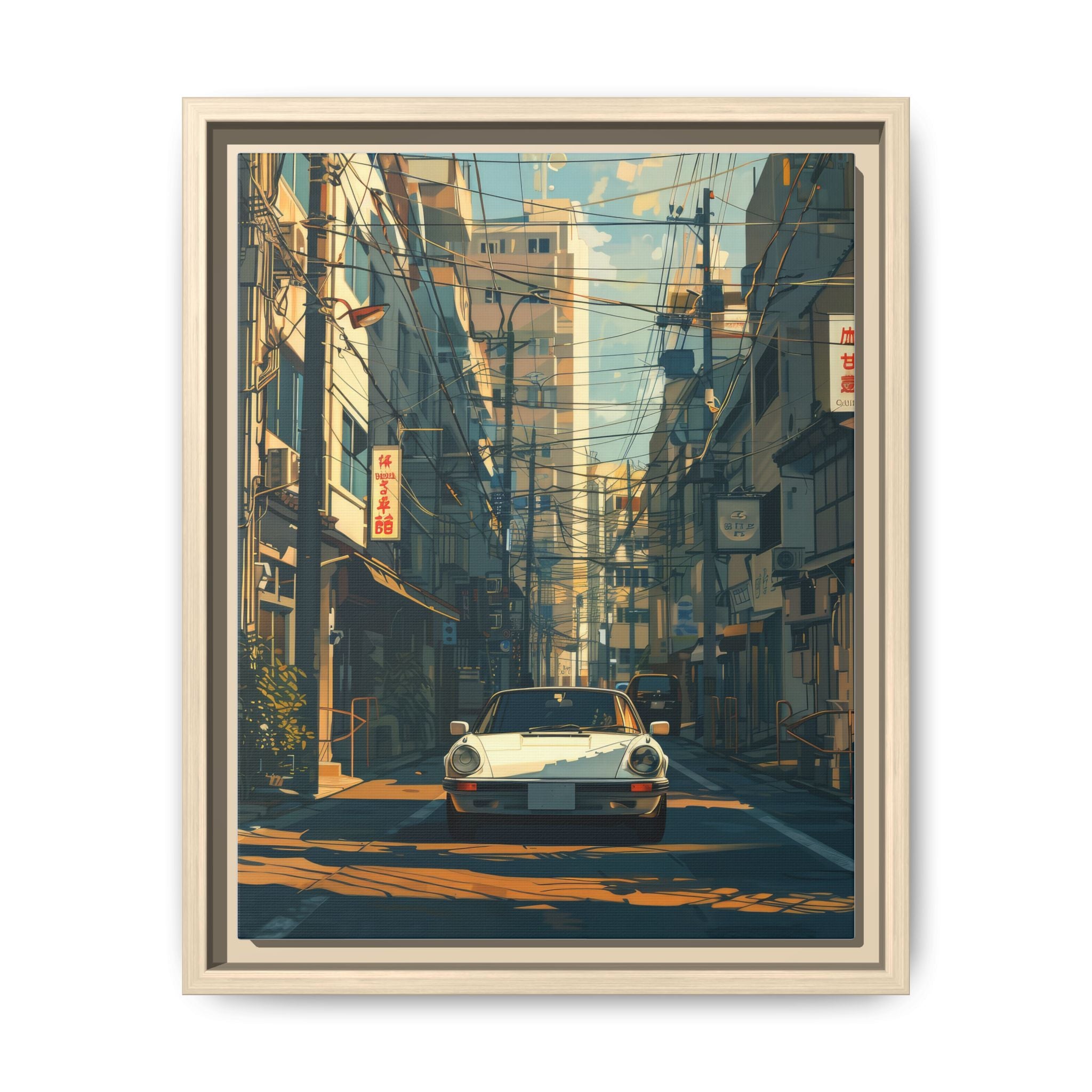 Vintage Sports Car Cityscape Framed Canvas Print