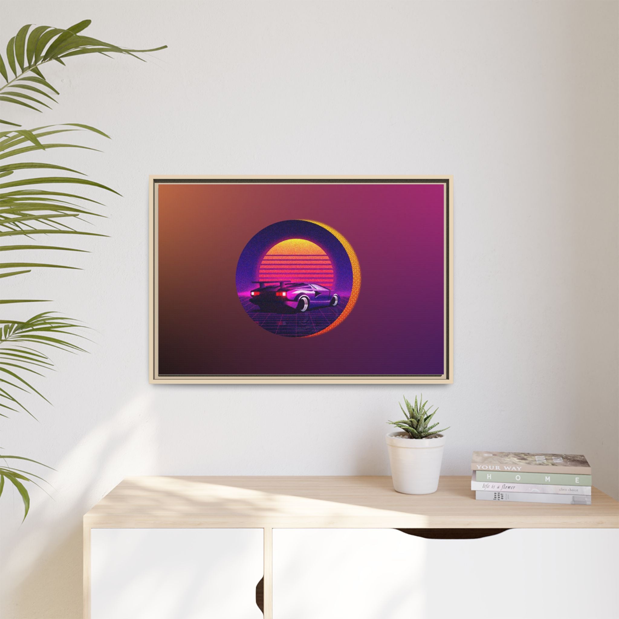 Retro Sunset Sports Car Matte Canvas Framed Wall Art