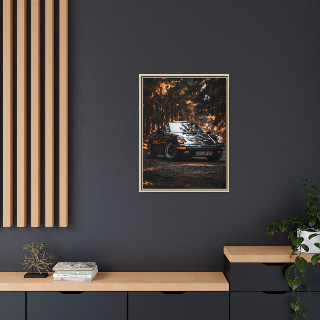 Framed Matte Canvas Print — Vintage Black Porsche in Autumn Forest