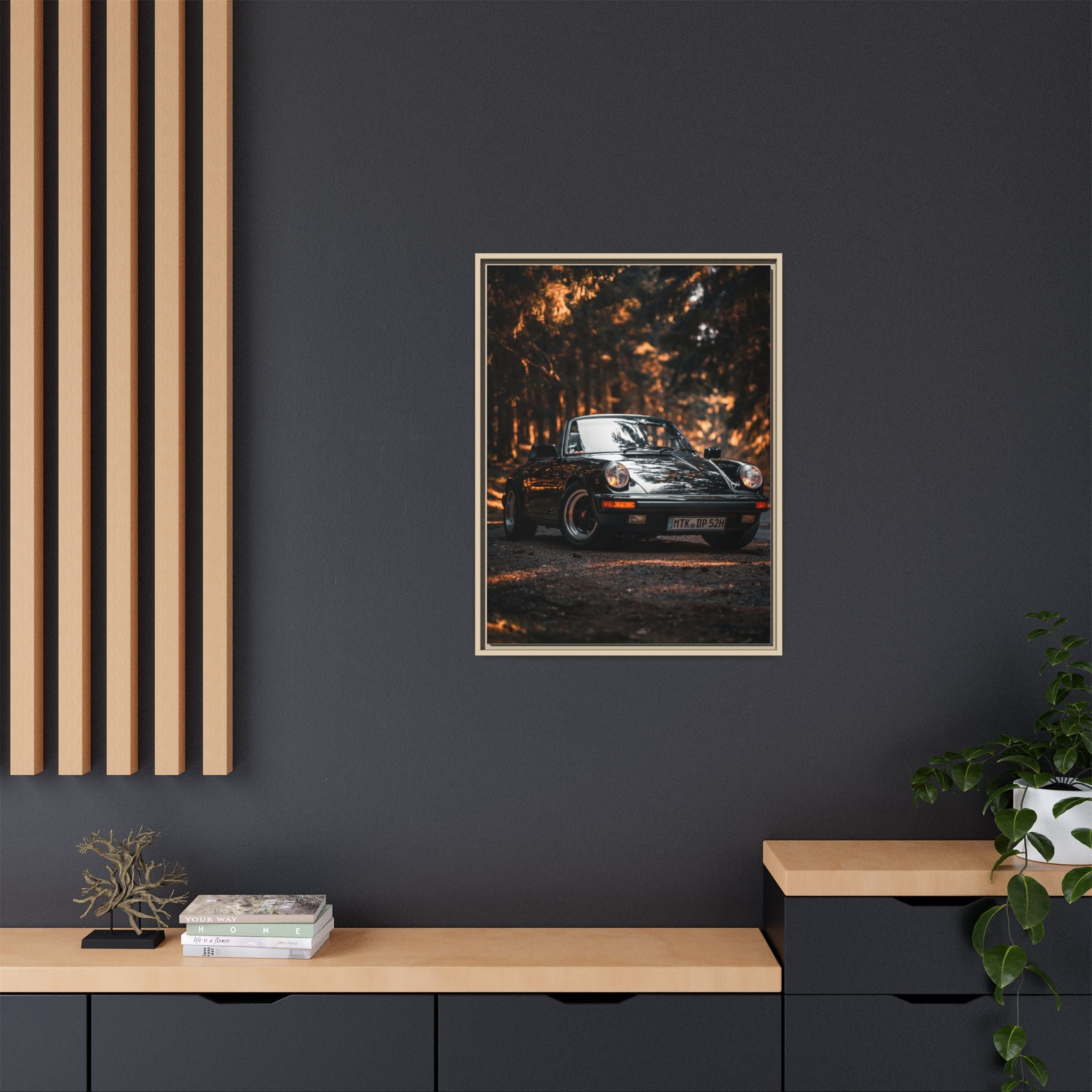 Framed Matte Canvas Print — Vintage Black Porsche in Autumn Forest
