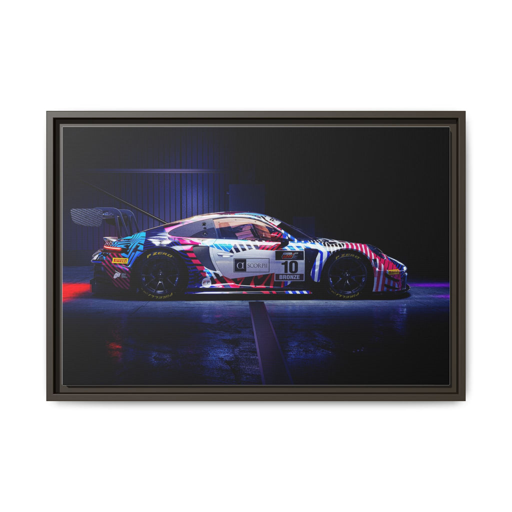 Framed Matte Canvas Print — Neon Racecar Wall Art