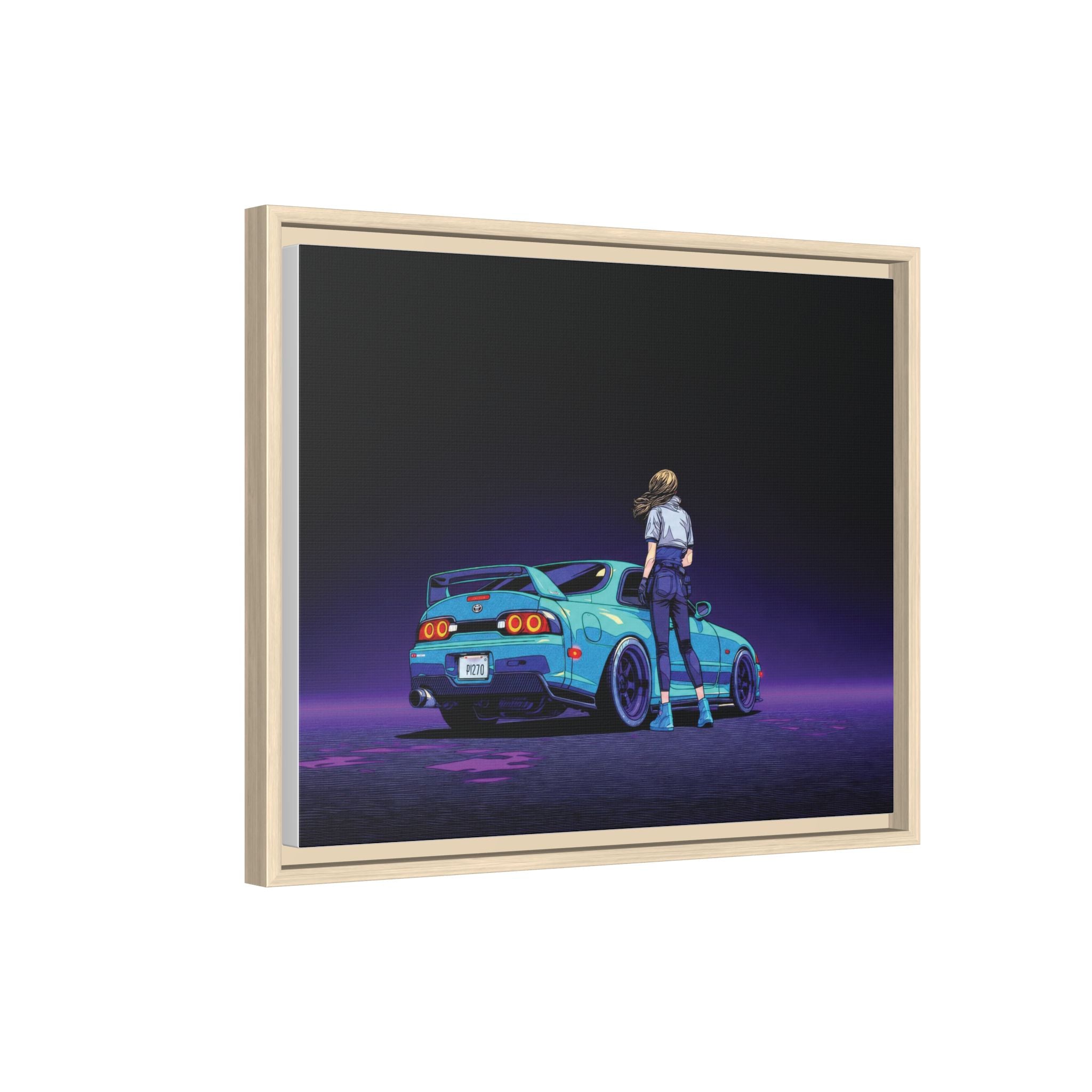 Retro Neon Race Car Poster Matte Canvas Framed | Anime Driver Wall Art