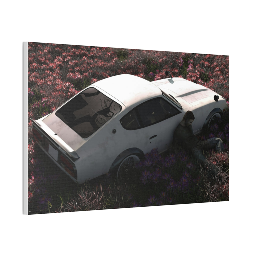 Vintage White Datsun in Wildflower Field Canvas