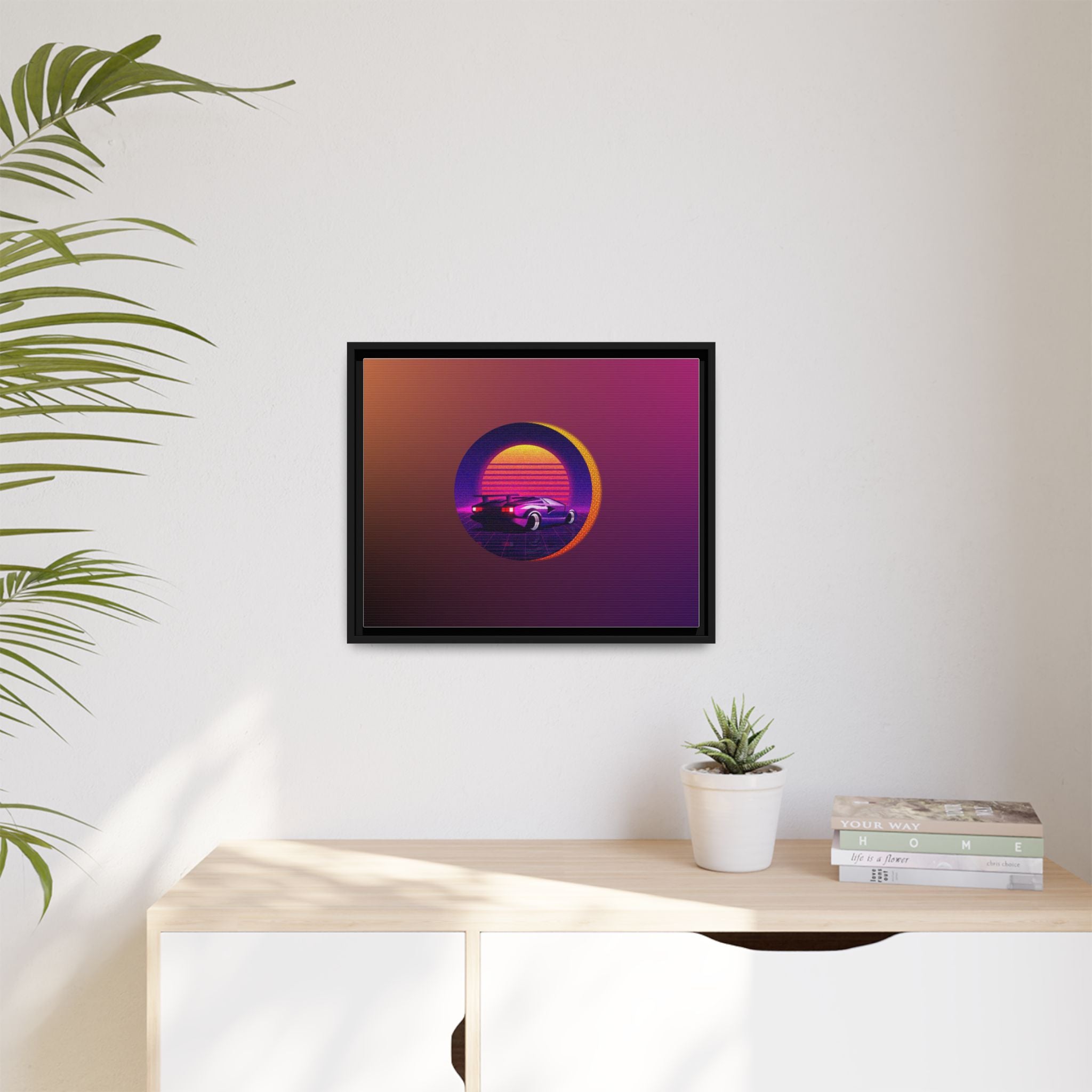 Retro Sunset Sports Car Matte Canvas Framed Wall Art
