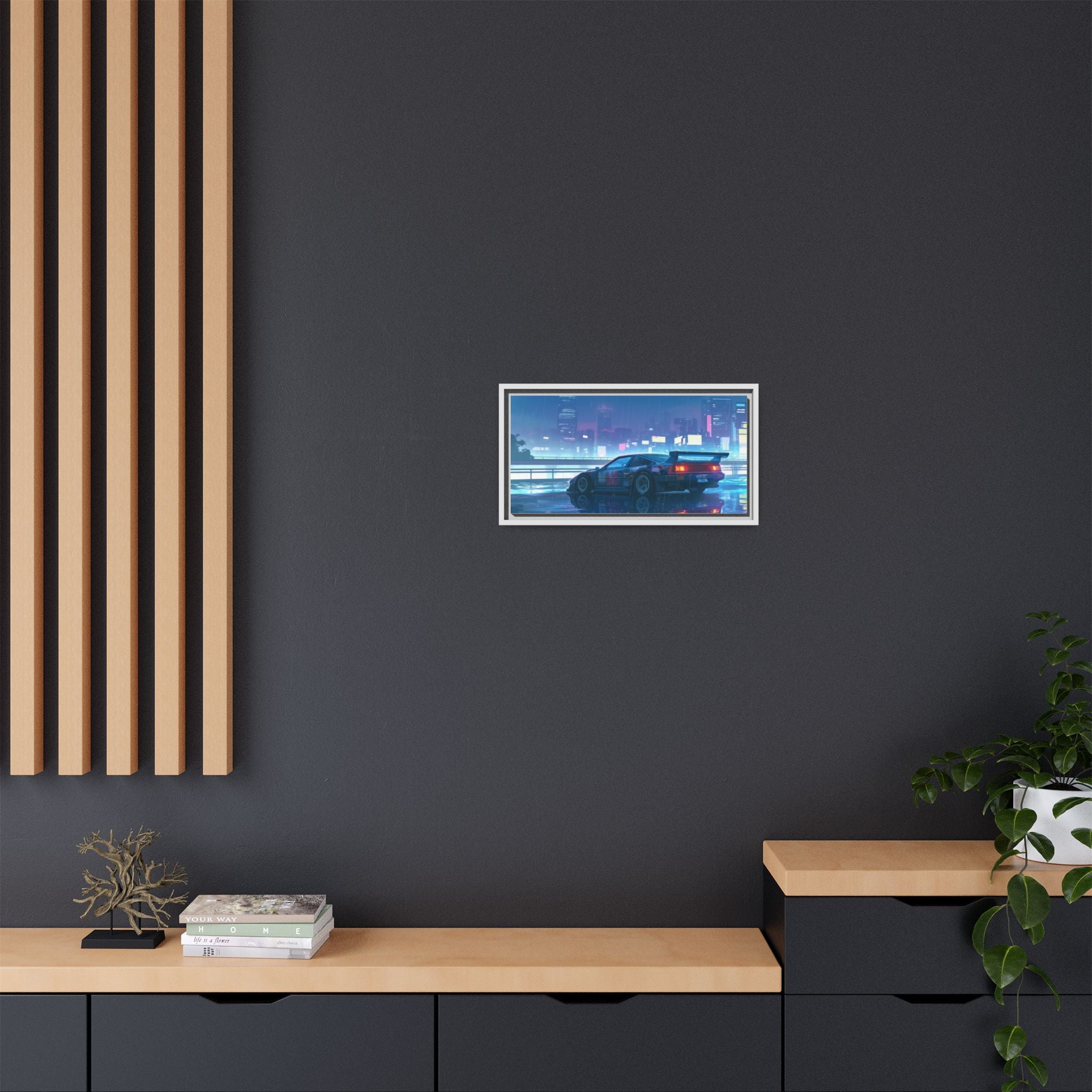 Retro Neon City Car Matte Canvas Print — Framed Wall Art