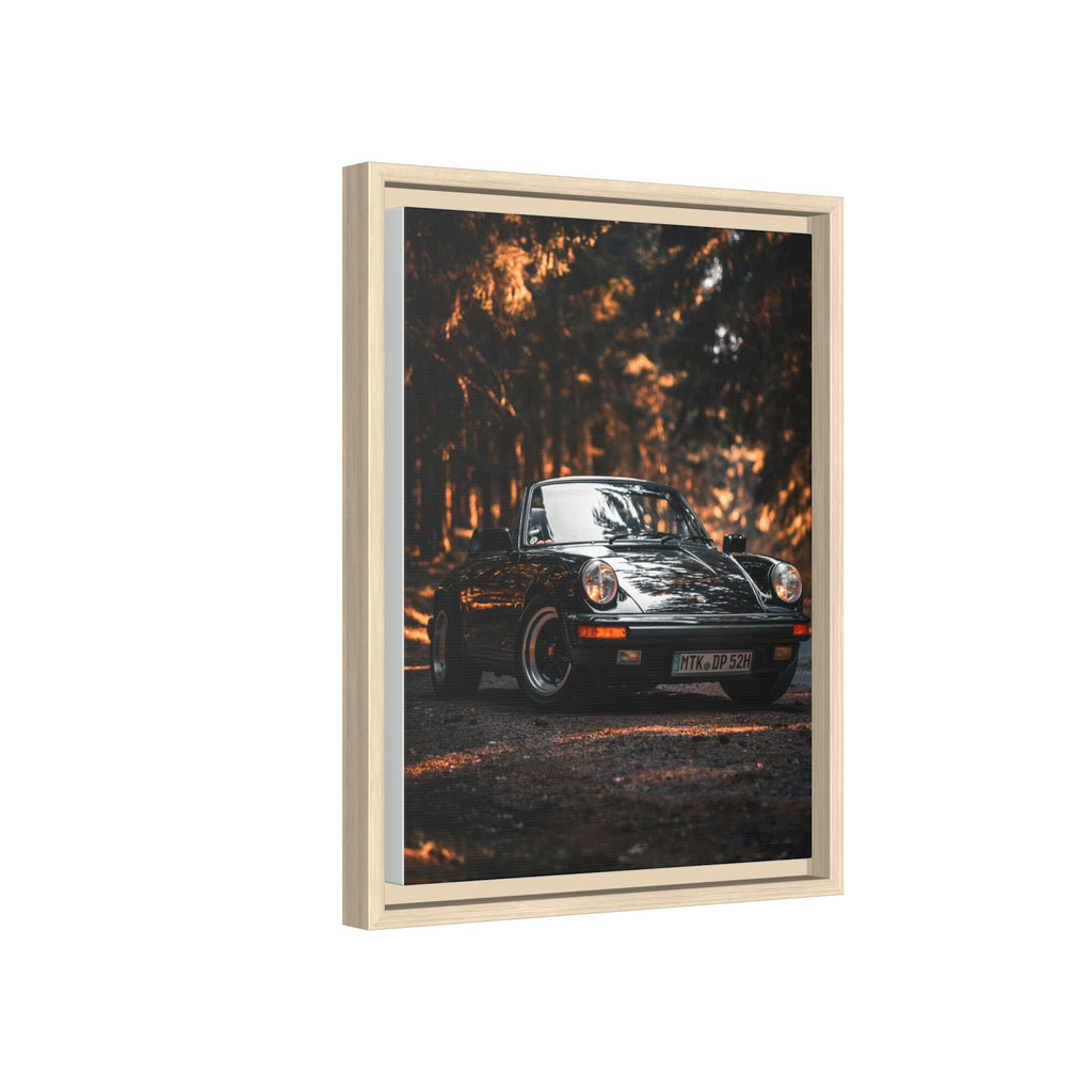 Framed Matte Canvas Print — Vintage Black Porsche in Autumn Forest