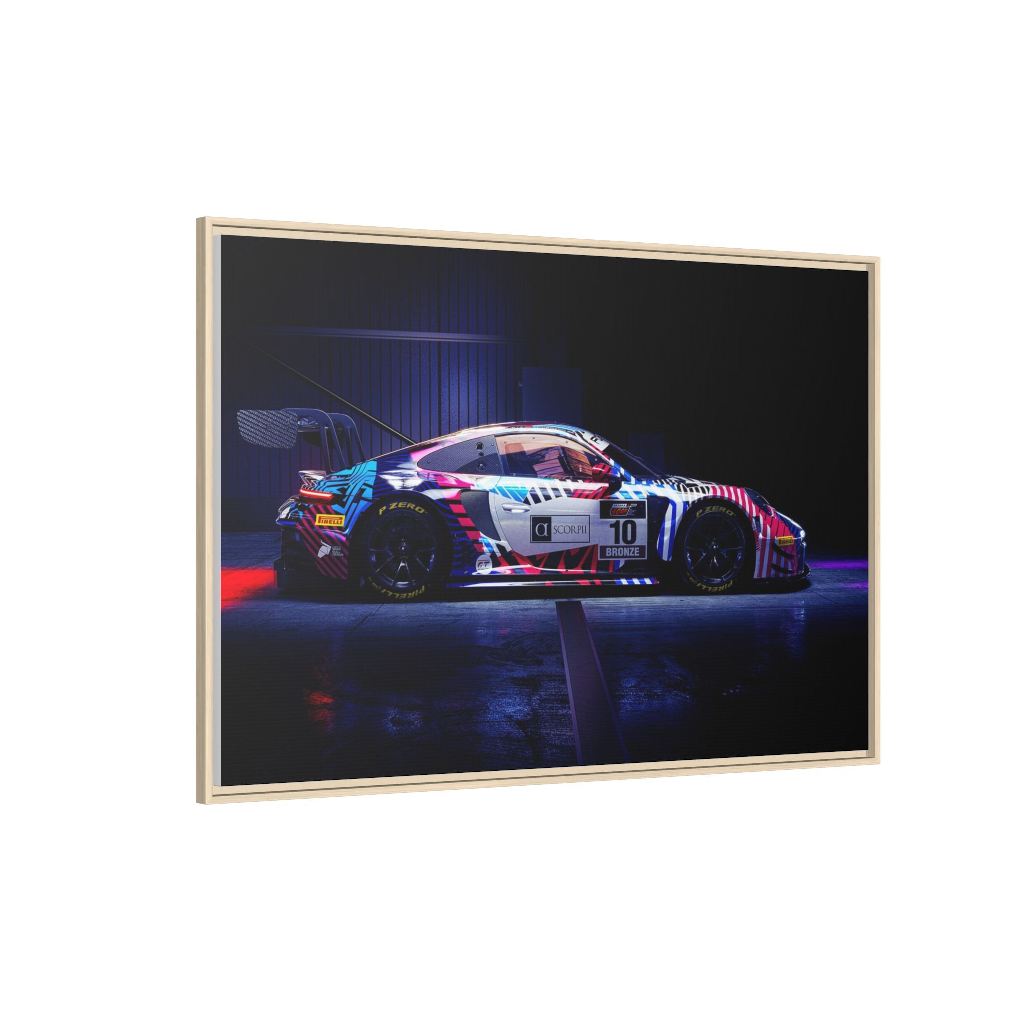 Framed Matte Canvas Print — Neon Racecar Wall Art