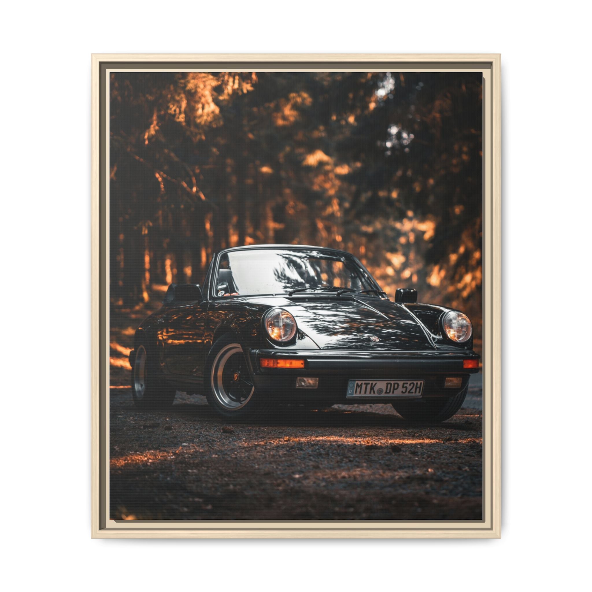 Framed Matte Canvas Print — Vintage Black Porsche in Autumn Forest