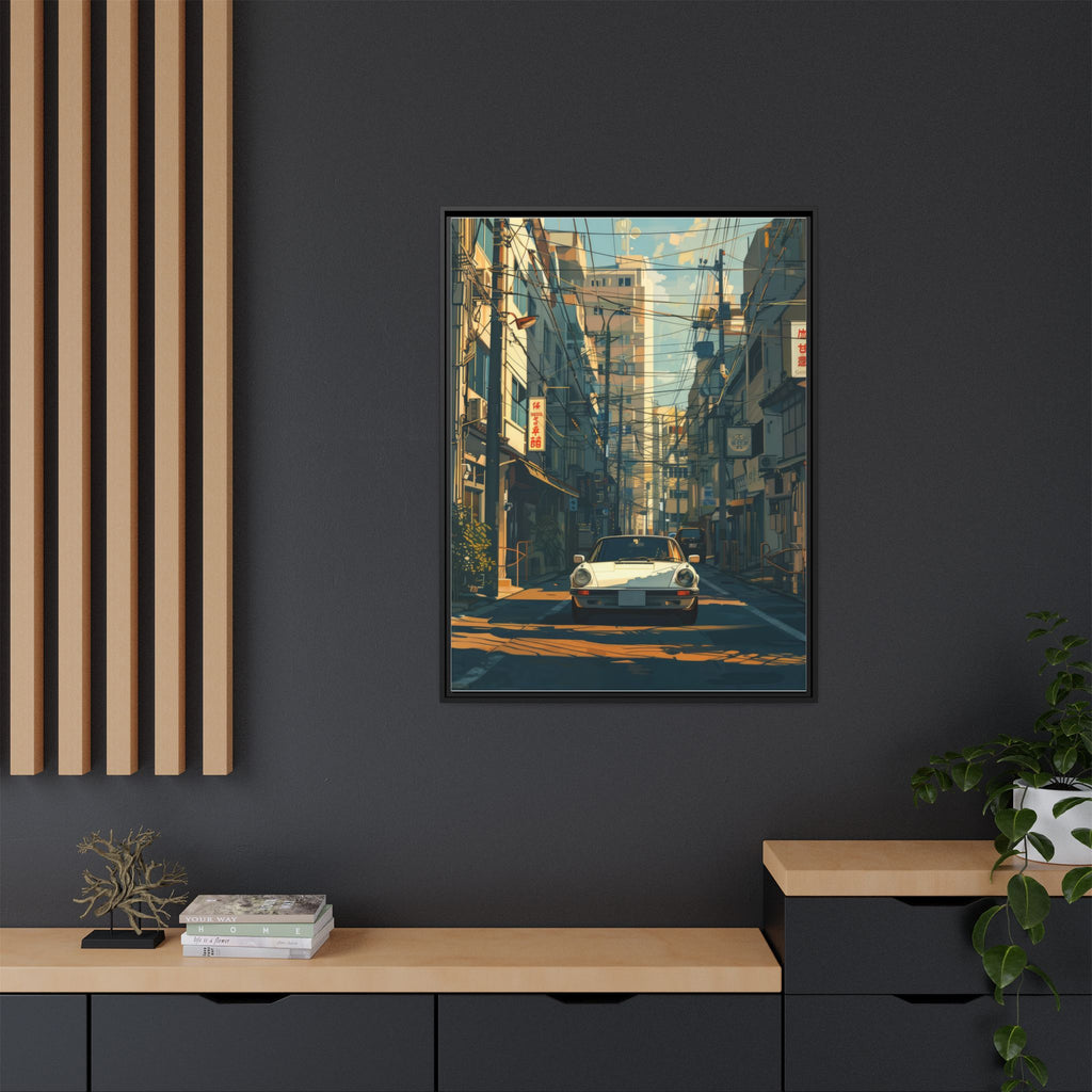 Vintage Sports Car Cityscape Framed Canvas Print