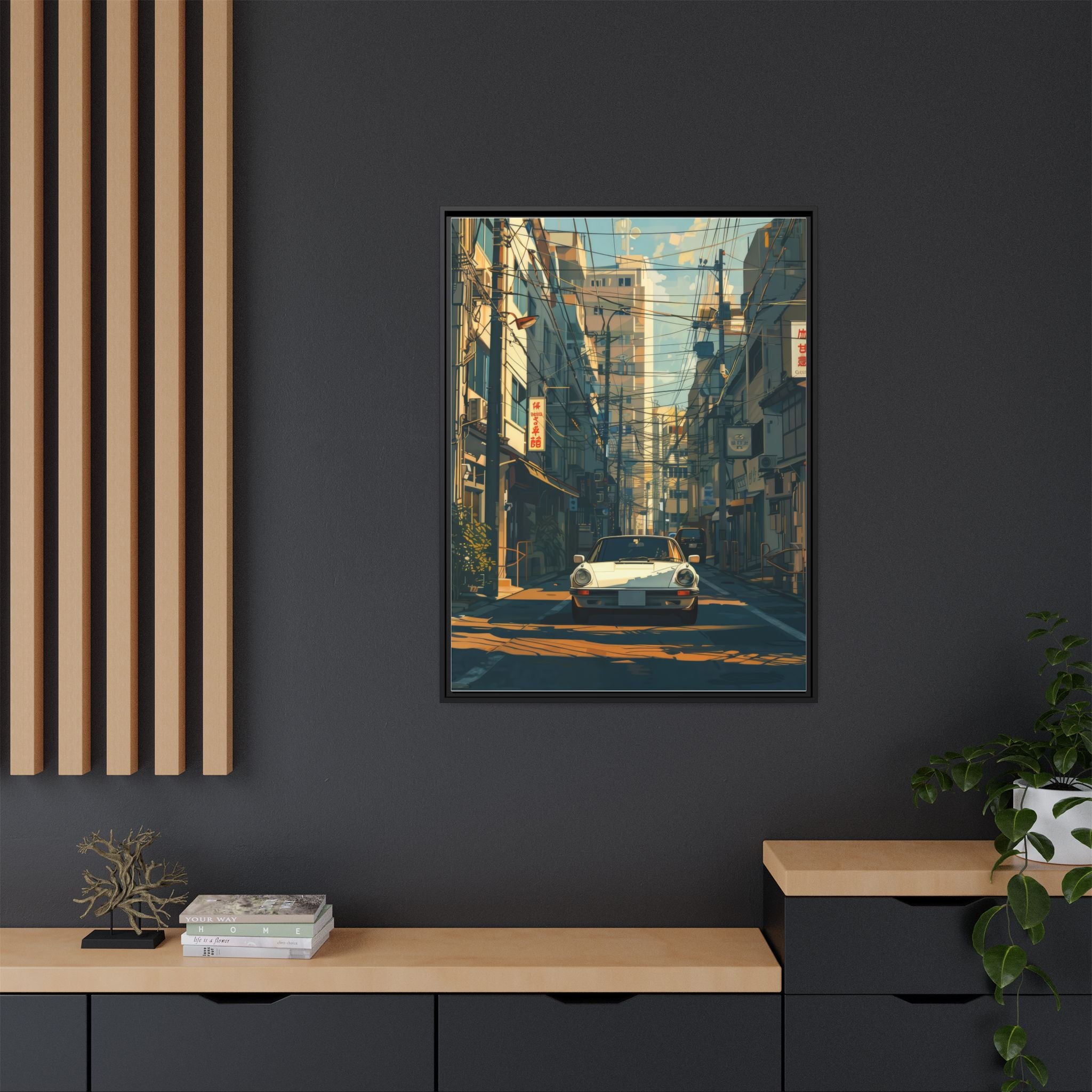 Vintage Sports Car Cityscape Framed Canvas Print